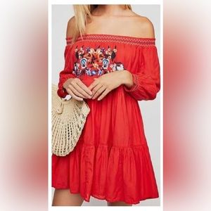 Free people sunbeams floral red embroidered off the shoulder mini dress